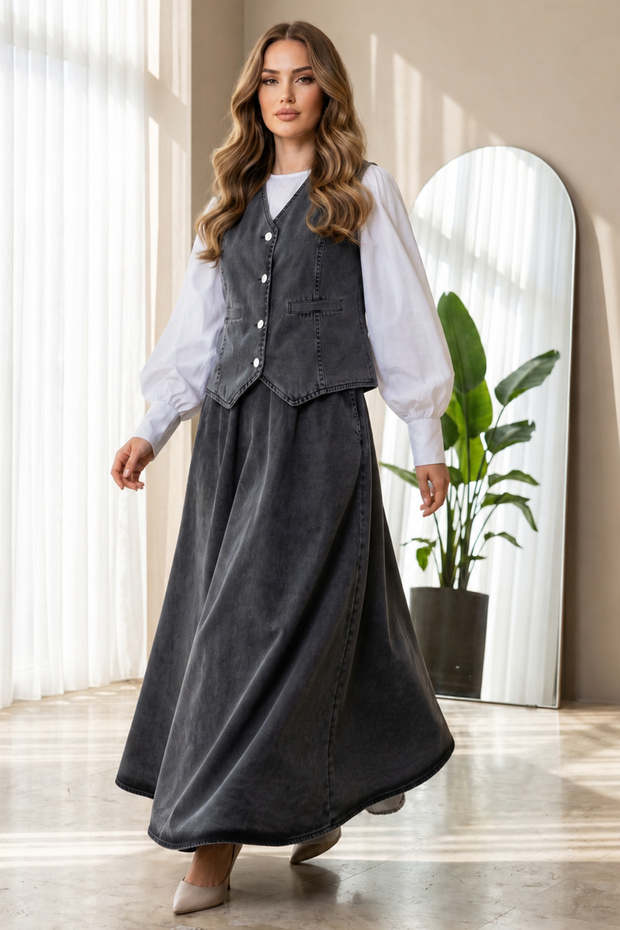 Denim Vest Skirt Suit Black 2186