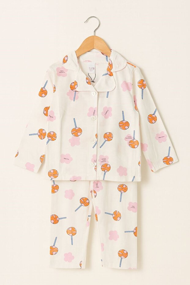 Girl's Lollipop Print Buttoned Pajama Set 2-9 Years Ecru