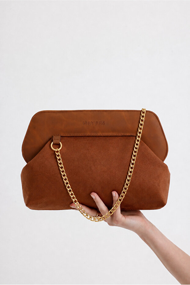 Heybes Women's Tan Leather Detailed Suede Clutch Handbag