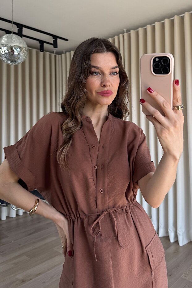 Light Brown Prevailing Collar Lace up Waistline Slit Shirt Dress