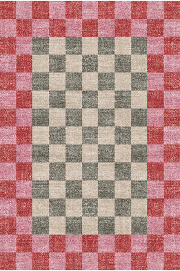 Modern Plaid Carpet with Non-Slip Base - Pink Orange Green Checkered 2296