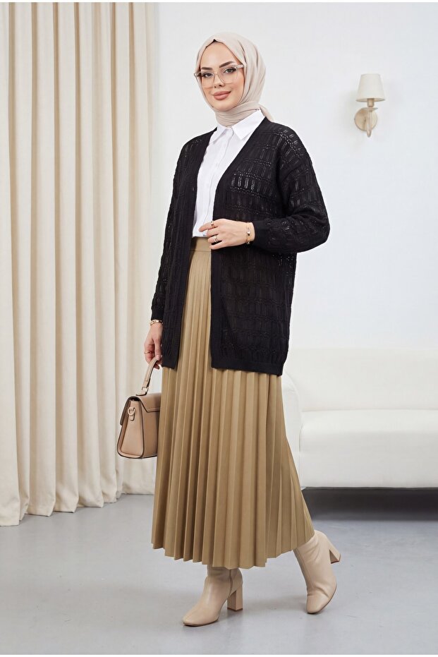 Openwork Patterned Spring Cardigan -Black