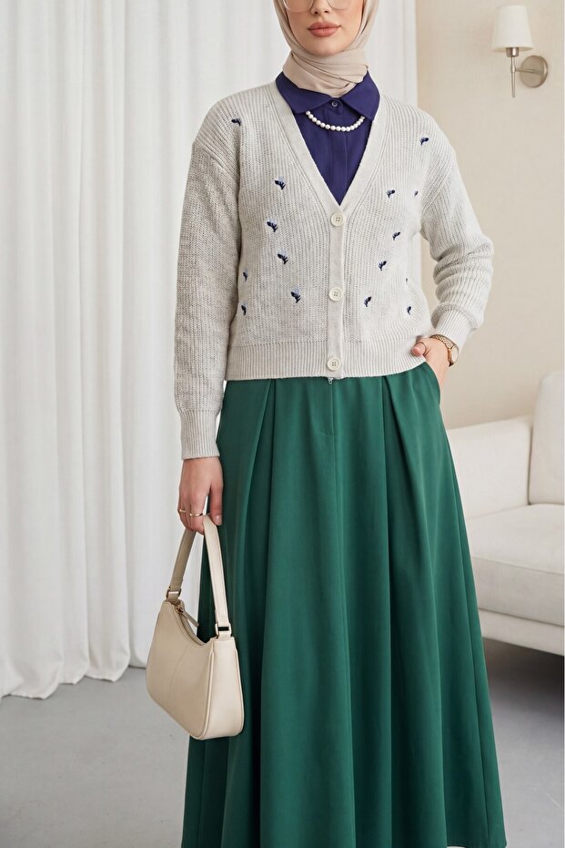 Embroidered Three-Button Waist-Length Cardigan - Stone