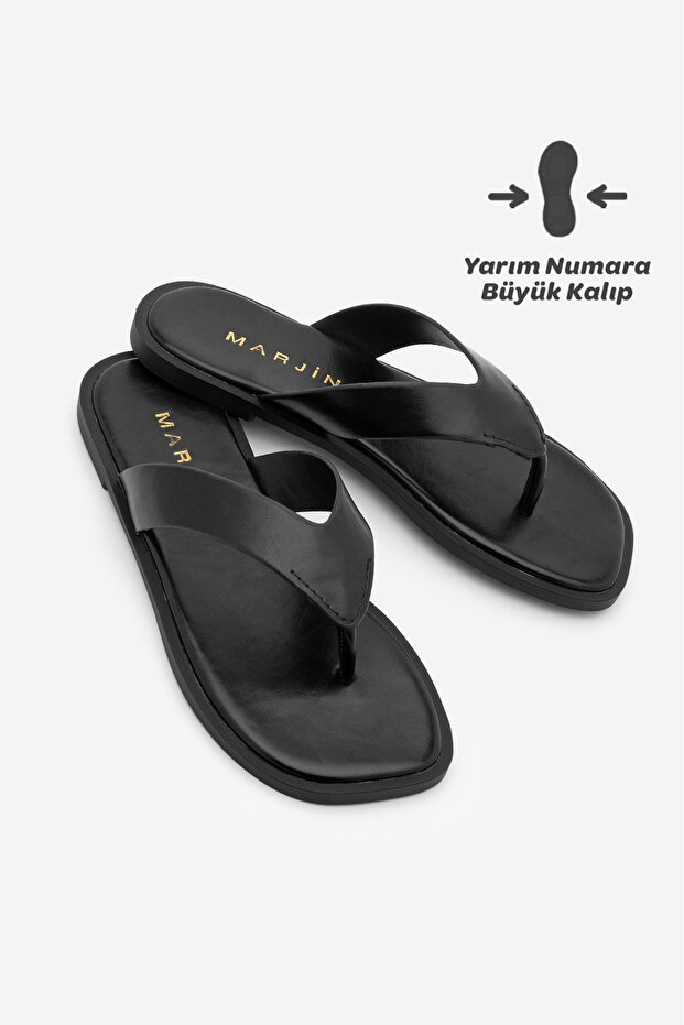 Women's Thick-Strapped Flip-Flops with Flat Sole, Daily Slippers, Gelon Black
