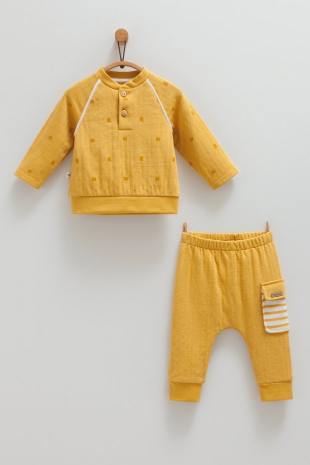 100% Cotton Baby Boy Set with Button Detail, Striped Pocket Detail, Color-Mustard