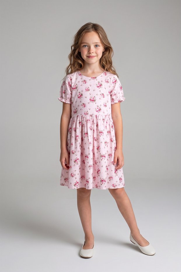 Girl's Pink Rose Watermelon Sleeve Dress