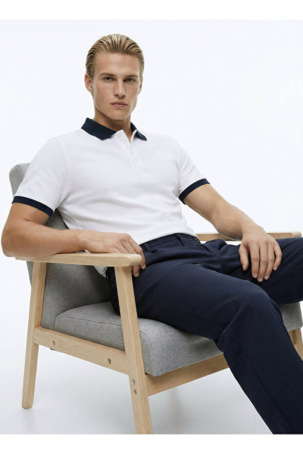White - Navy Blue Men's Slim Fit Polo T-Shirt Ace091262932_Bel