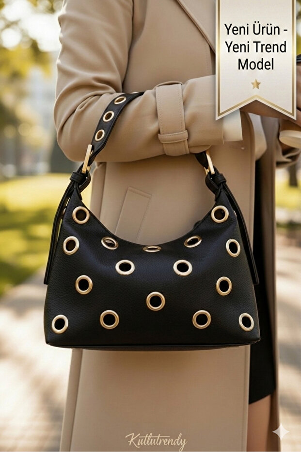 Women's Black Shoulder Bag with Perforated Staple Detail – Metal Ring, Medium Size, Daily Use Shoulder Bag