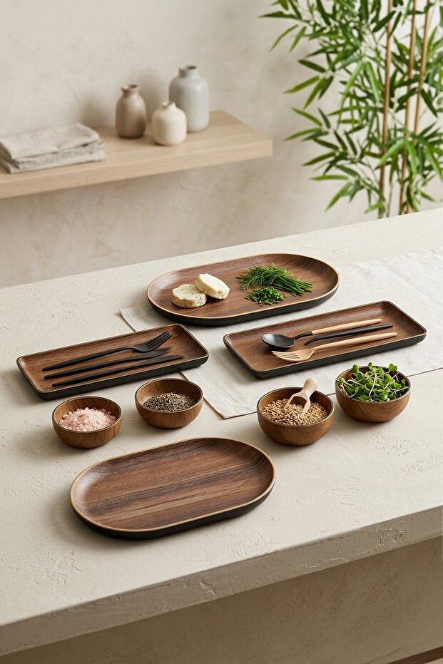 Set of 8 Wooden-Look Breakfast Serving Set - Serving Plates and Bowls, Decorative Plate Set