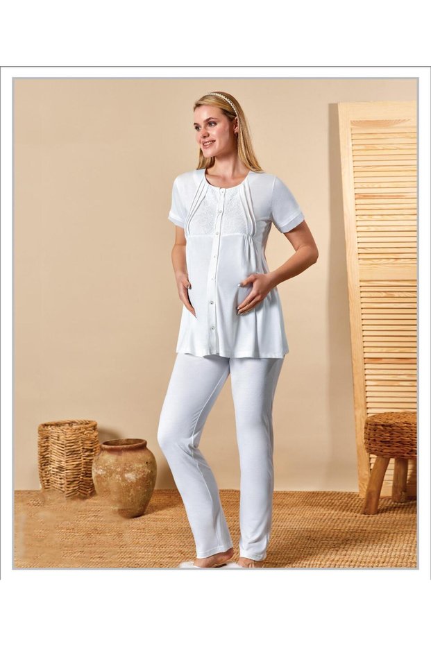 Maternity Short Sleeve Buttoned Pajama Set with Classic Lace Detail Hospital Release 24-53