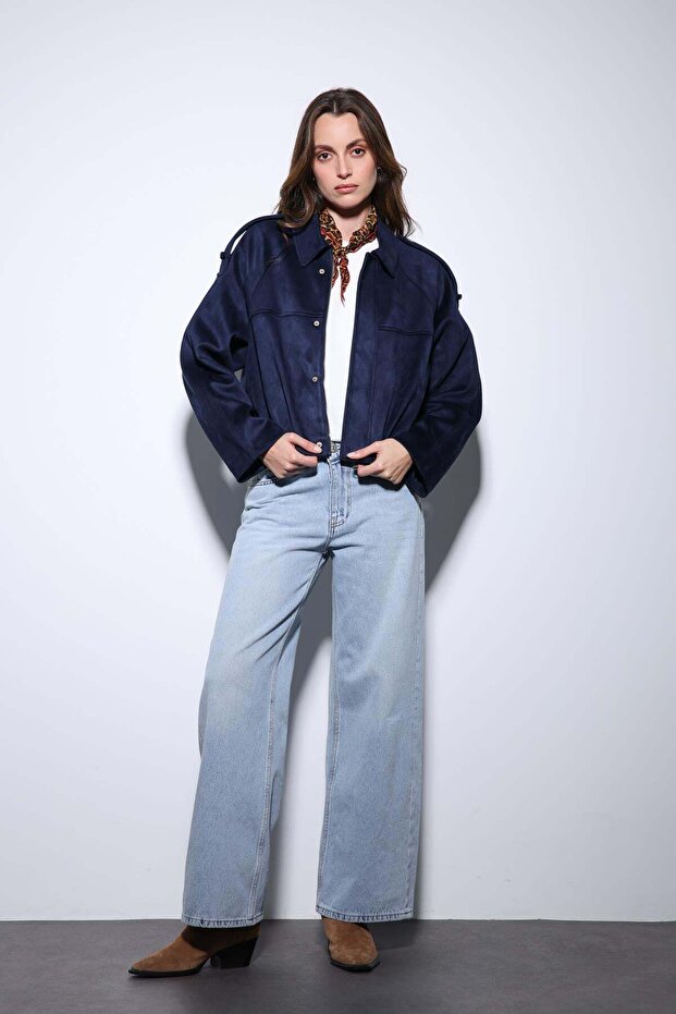 Navy Blue Suede Look Bomber Women's Coat