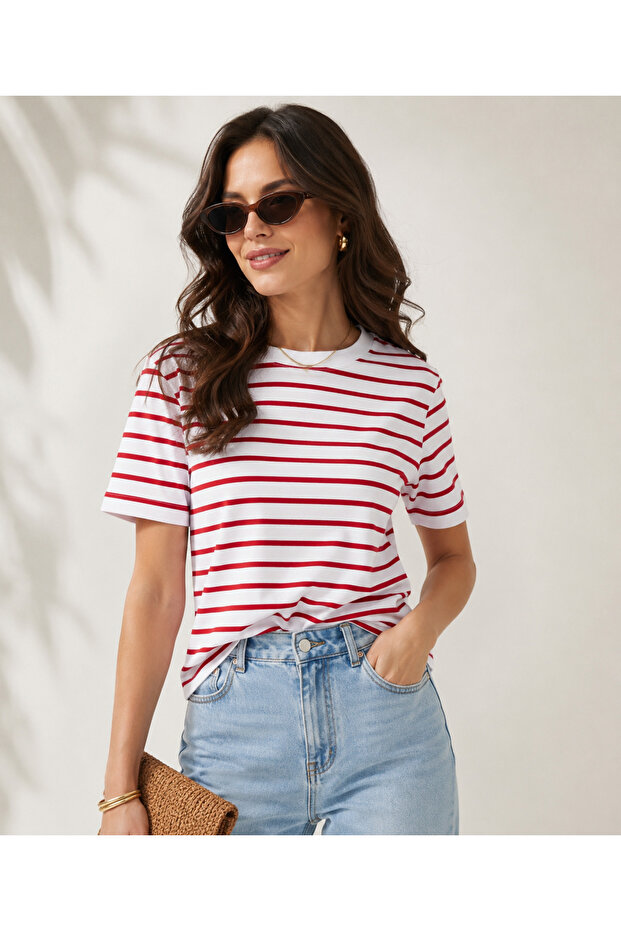 kayzn.tr Kadın Kırmızı Çizgili Basic Tişört Oversize Rahat Kalıp Pamuklu Günlük Tshirt