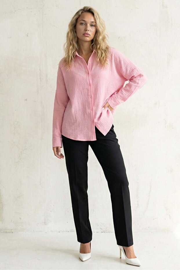 Pembe Muslin Kumaş Basic Kadın Gömlek MG1660