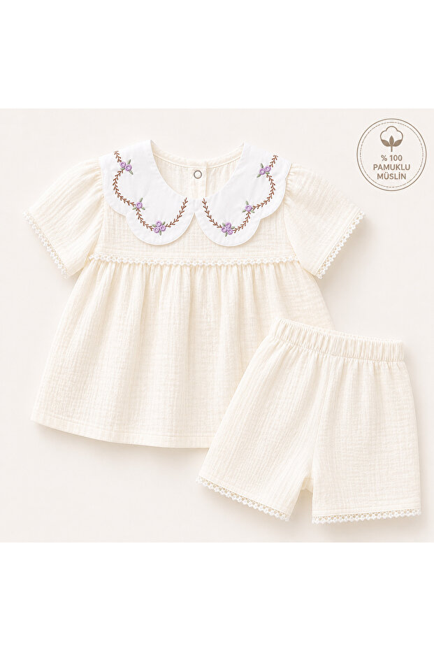 Embroidered Cotton Girls' Muslin Set