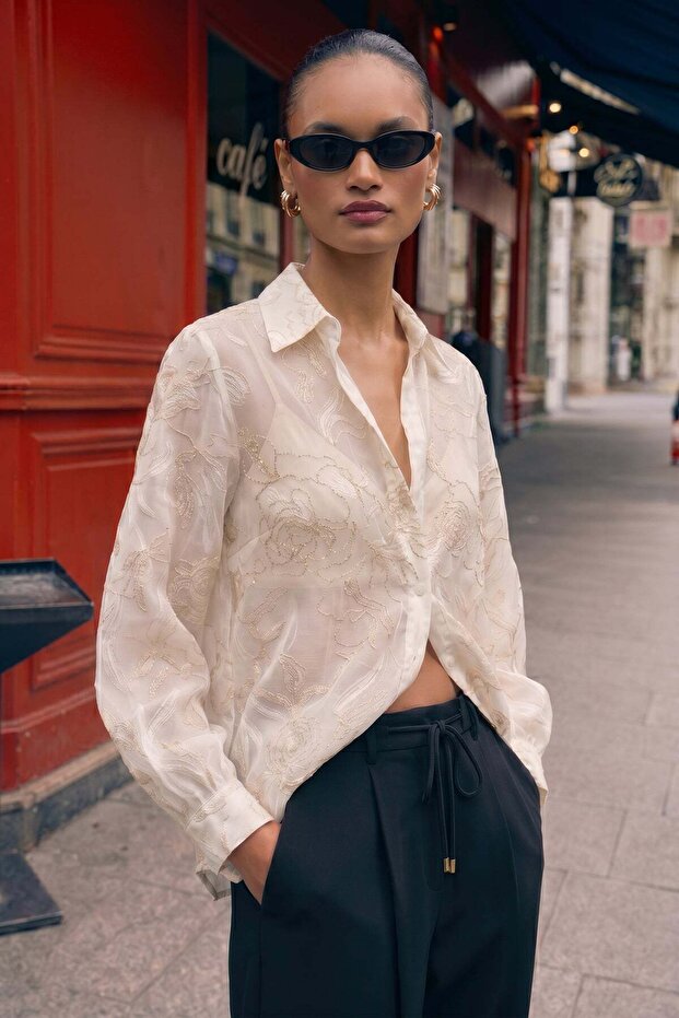Transparent Shirt with Embroidery Detail - Ecru