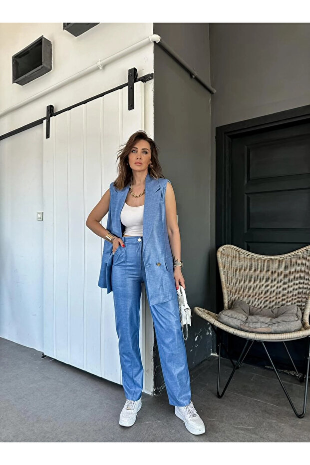 Fabric Suit Linen Coated Vest and Trousers Suit Blue