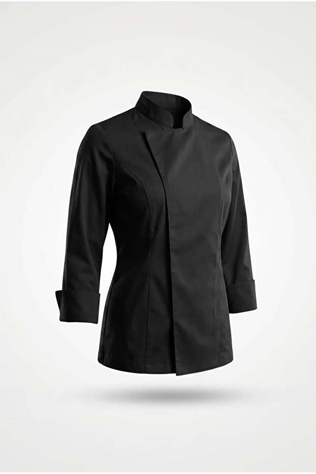 Black Women's Chef Jacket with Hidden Snap Buttons - Name Embroidery Gift