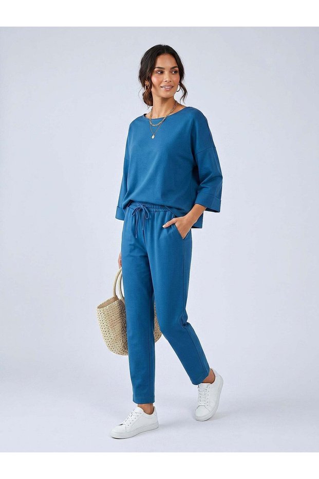 Women's Reference Fit Knitted Top and Bottom Two-Piece Set Blue - Comfortable Fit | Breathable Fabric | 4 Seasons