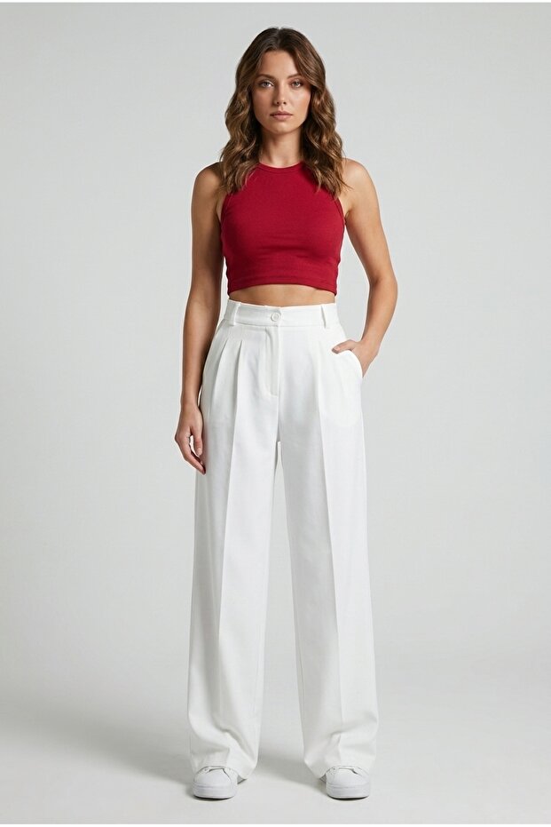 Women's White High Waist Pleated Wide Leg Palazzo Pants