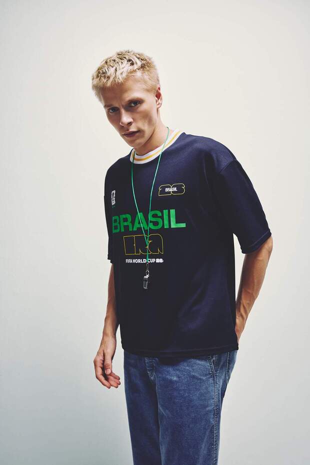 Boxy Fit Brazil Printed Short Sleeve Navy Blue T-Shirt I0286Ax26Sm