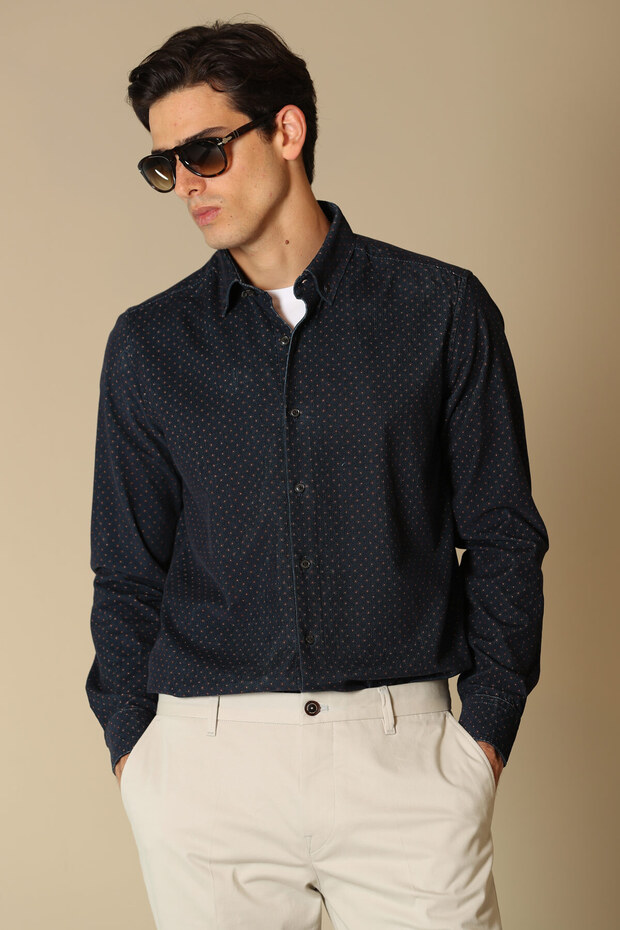 Chen Men's Velvet Sports Shirt Comfort Slim Fit Navy Blue