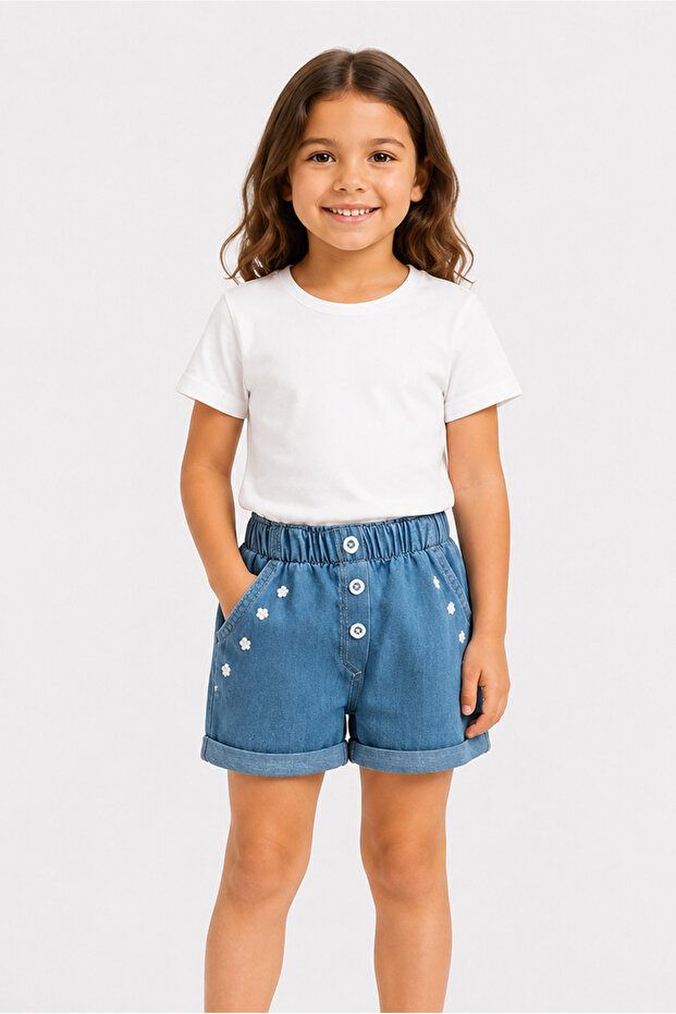 Girl's Floral Embroidered Comfortable Fit Summer Denim Fabric Shorts