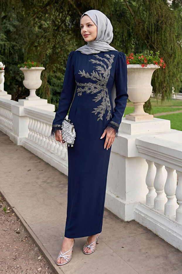 Feather Detailed Stone Navy Blue Evening Dress