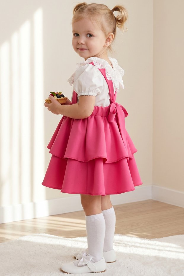 Girl's Helen Pink Strappy Tie-Up Gilet October 29 Dress Ecru Lace Short Sleeve Blouse Evening Dress Set