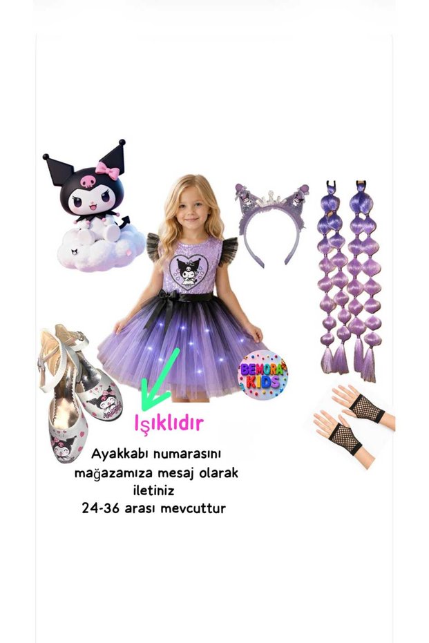 Kuromi Light up Dress Costume Kuromi Bubble Hair Kuromi Gloves Kuromi Crown Kuromi Heels Shoes Set
