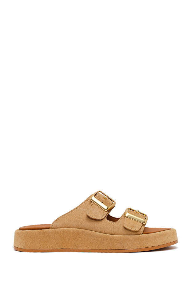Women's Beige Double Buckle Thick Sole Suede Leather Slippers 26Pfd230210