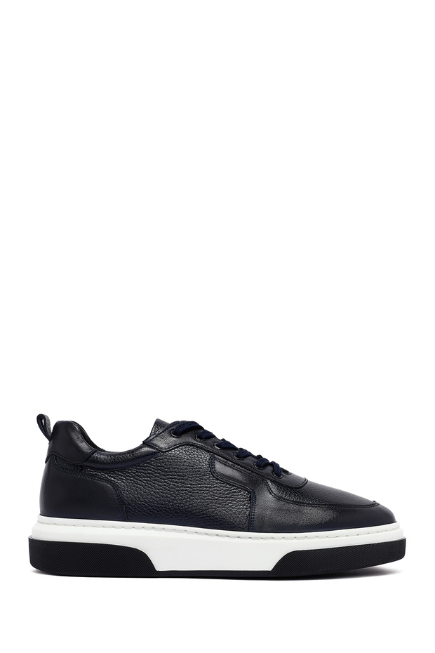 Men's Navy Blue Lace-Up Thick Soled Genuine Leather Sneaker, Winter Sports Shoes 25Wfd6408Ft