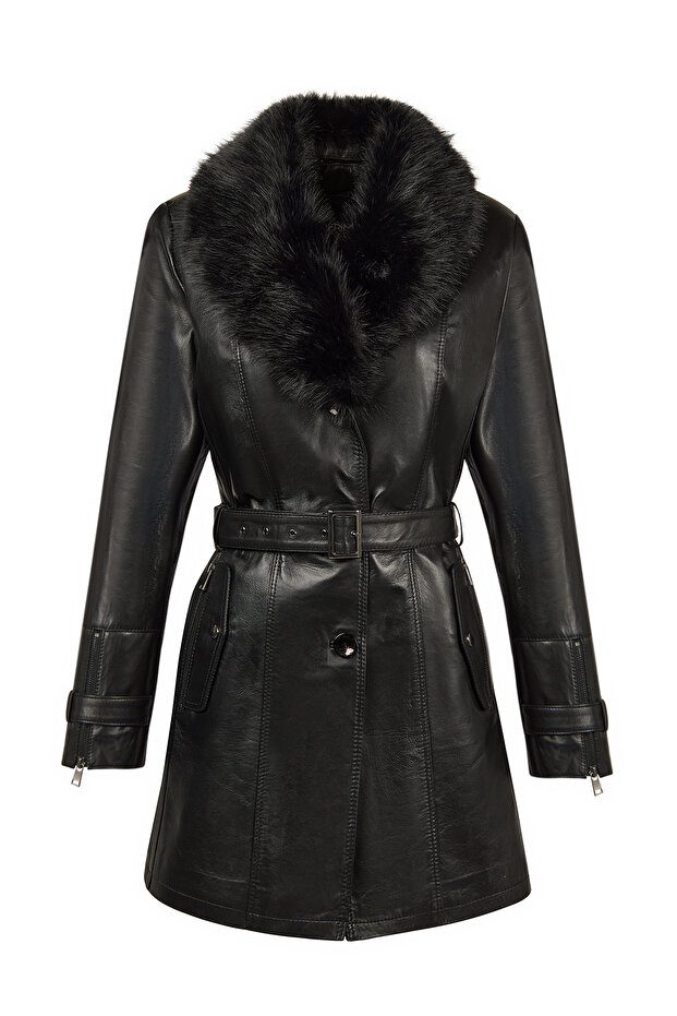 Rhoda(Plus) Women's Black Collar Fur-Trimmed Wide Fit Leather Coat 24Wge52931M