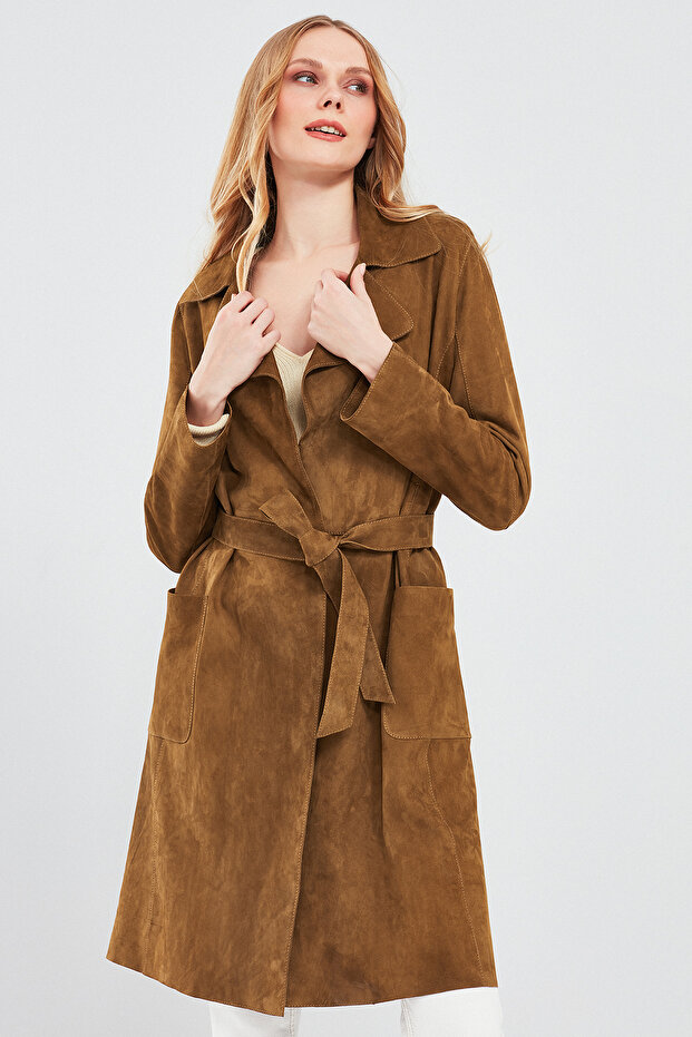 Sardinia Women's Camel Suede Leather Trench Coat 24Sgd518010