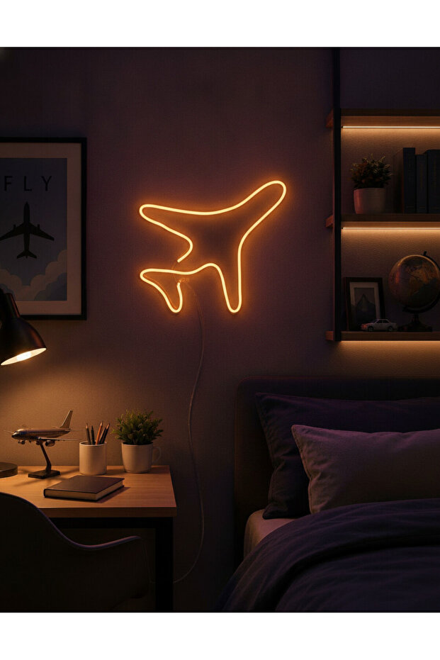 Uçak Figürlü LED Neon Duvar Tablosu | Amber Aydınlatmalı Modern Dekor | Çocuk Genç Odası - 1