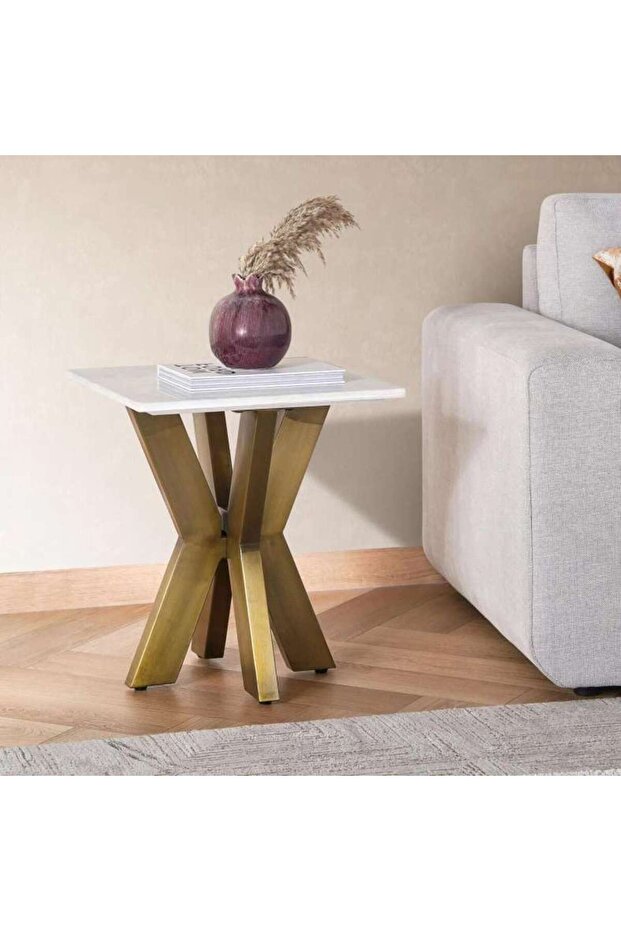 Faroe End Table Marble - White & Antique Brass