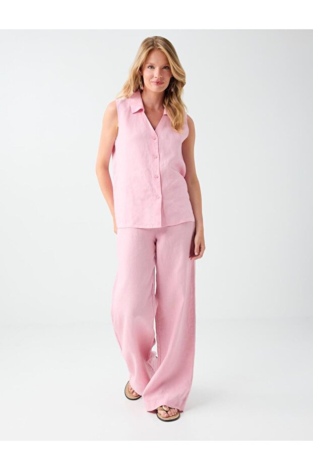 Pink 100% Linen Regular Leg Regular Waist Long Trousers