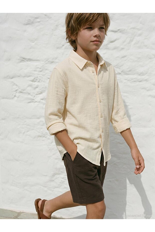Long Sleeve Basic Shirt for Ages 10-13 - Beige 10-11 Years