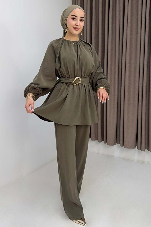 Women's Pleated Belted Suede Suit Mink