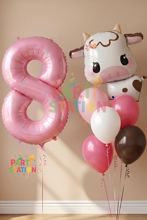 Safari Concept Cute Cow and Pink Number Balloon Set 8 Years Old Safari Cow Concept Birthday Balloon Set