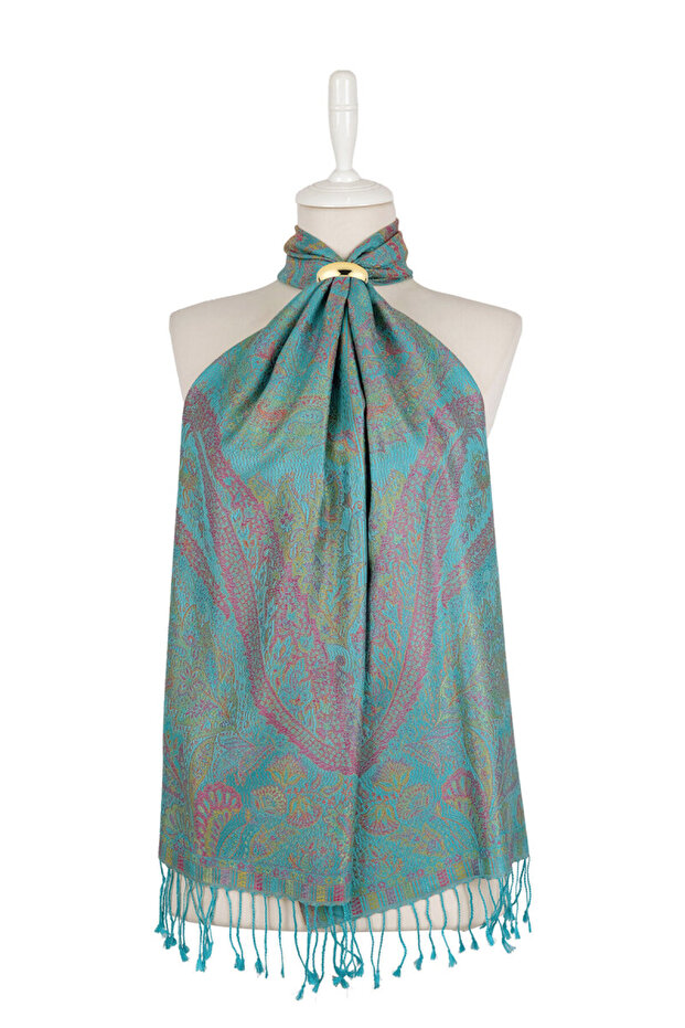 Turquoise Pink Jamawar Woven Silk Scarf