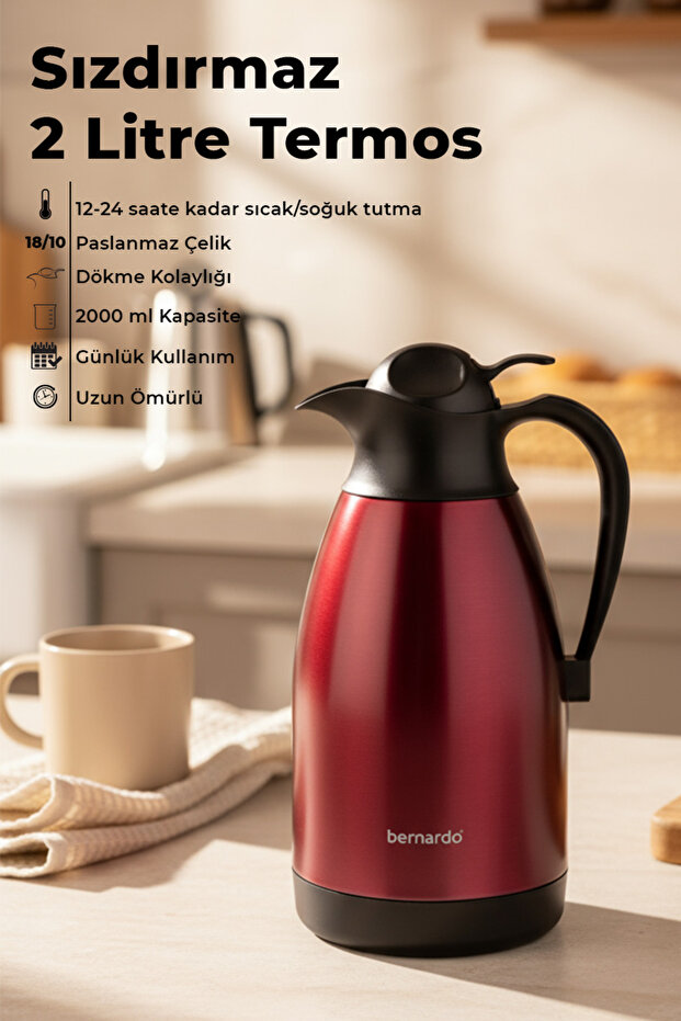 Grandio Stainless Steel Thermos Burgundy 2 Liter
