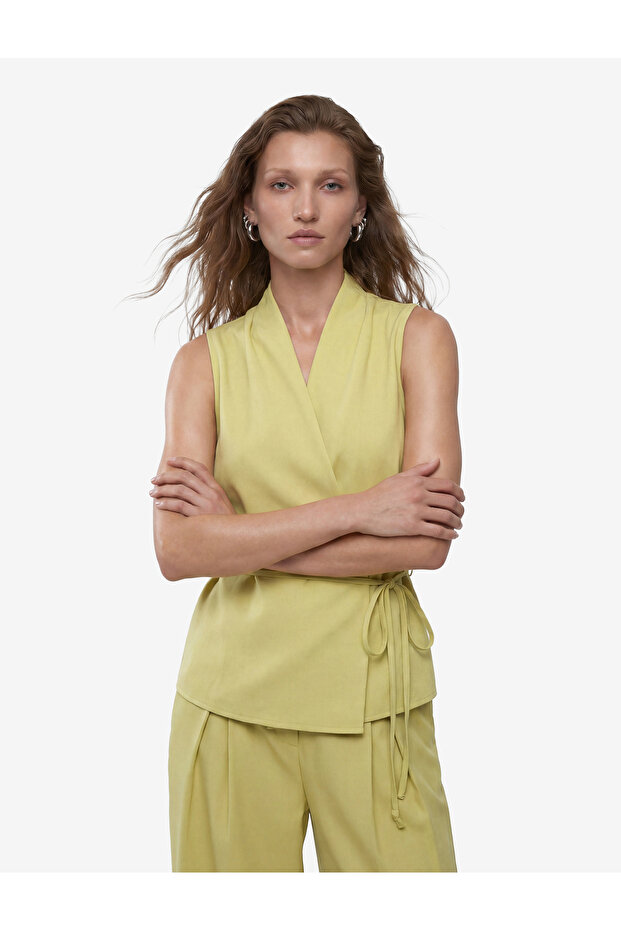 X Melis Ağazat - Linen Blend Draped Tie Detail Sleeveless Double-Breasted Blouse