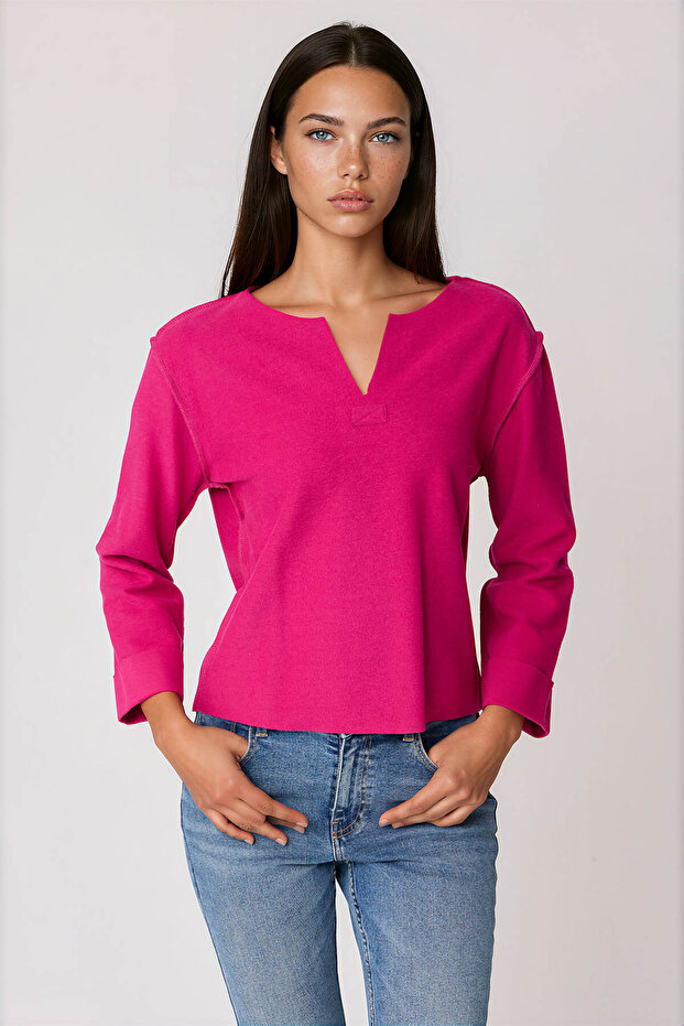 Cut V-Neck Reverse Stitching Blouse - 1