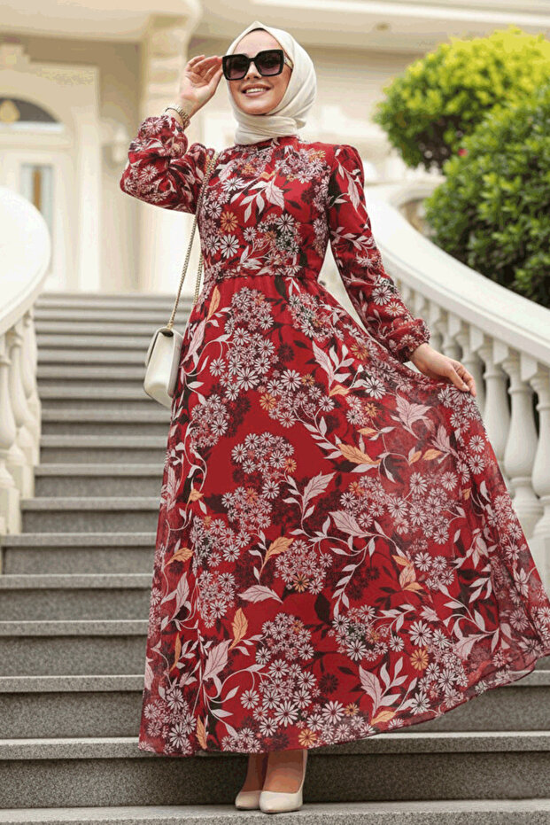 Floral Patterned Burgundy Hijab Dress 27950Br