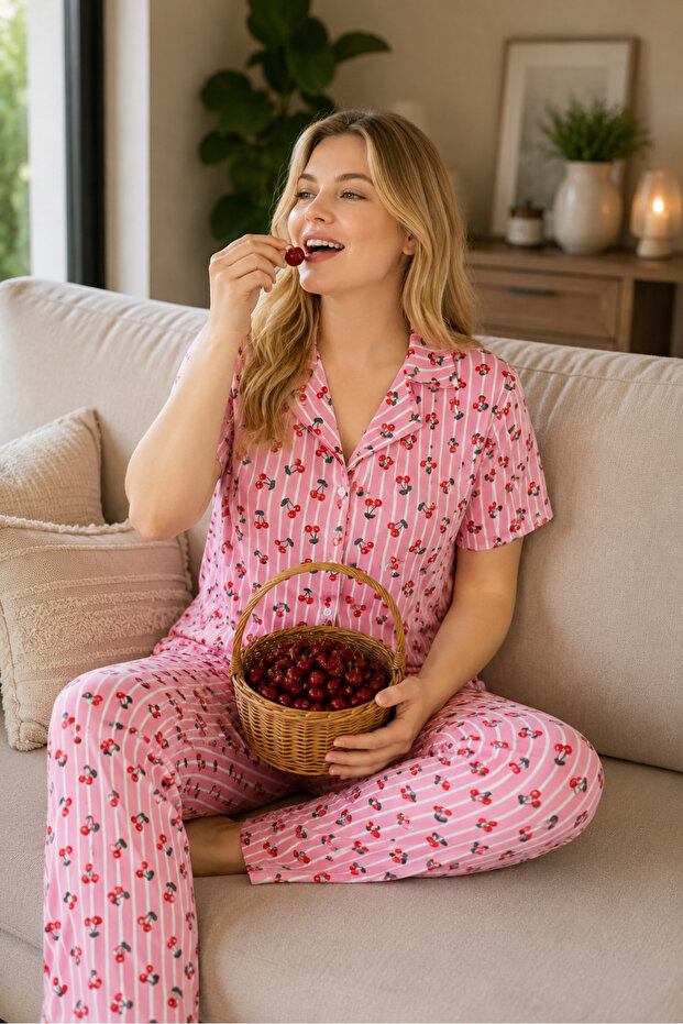 Plus Size Striped Cherry Pattern Milan Buttoned Pajama Set
