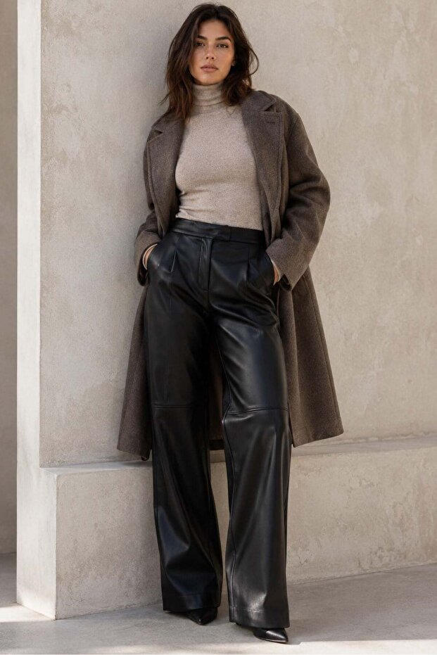 Black Pensli Palazzo Women's Leather Trousers Mg2612