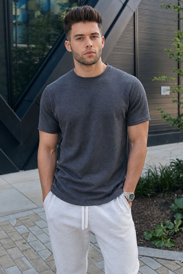 Anthracite Waffle Fabric Basic T-Shirt 5883