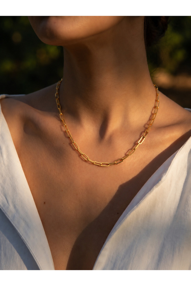 Steel Gold Paperclip Chain Necklace - Does Not Tarnish -