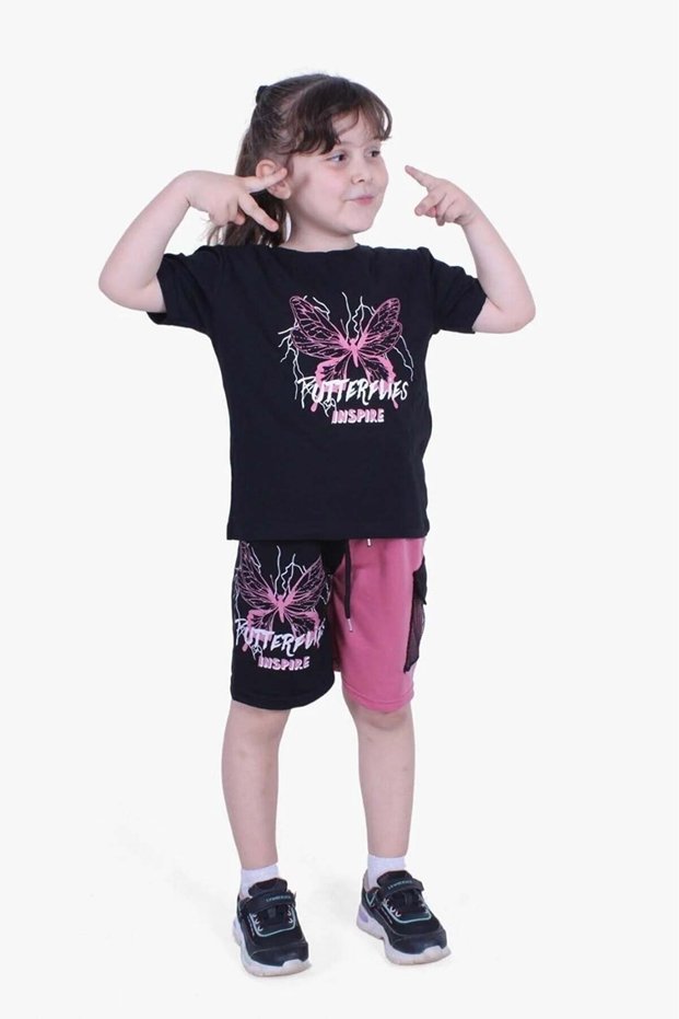 Butterfly Printed Cargo Pocket Girls' Summer Set Capri Bottom Top