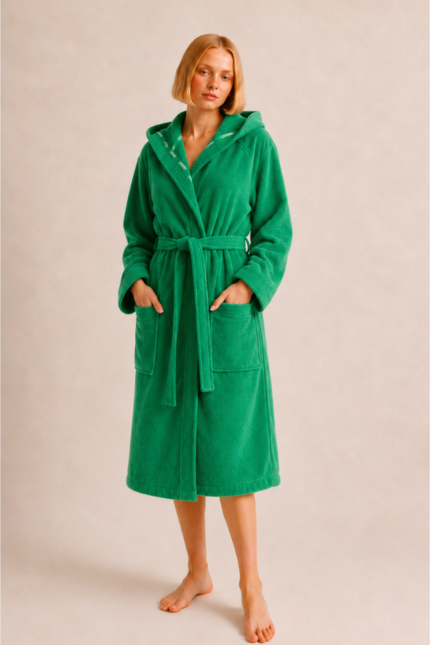 Bathrobe Men Women Unisex with Hat Green 100% Cotton
